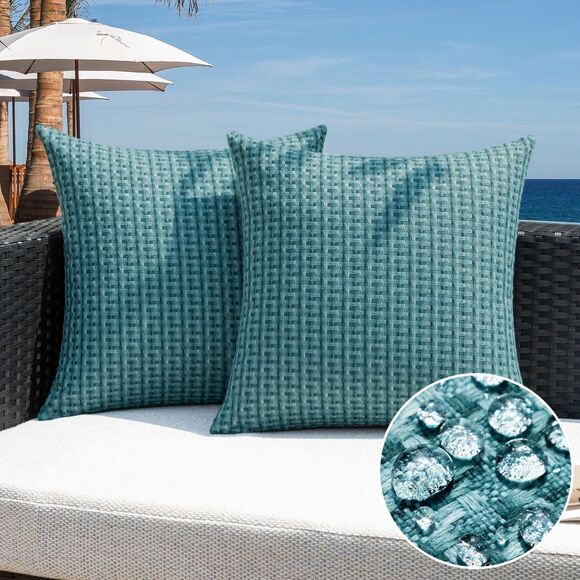 ✨ Kevin Textile Outdoor Waterproof Pillow Covers, Teal Checkered 20x20, Set of 2 - Picture 2 of 10